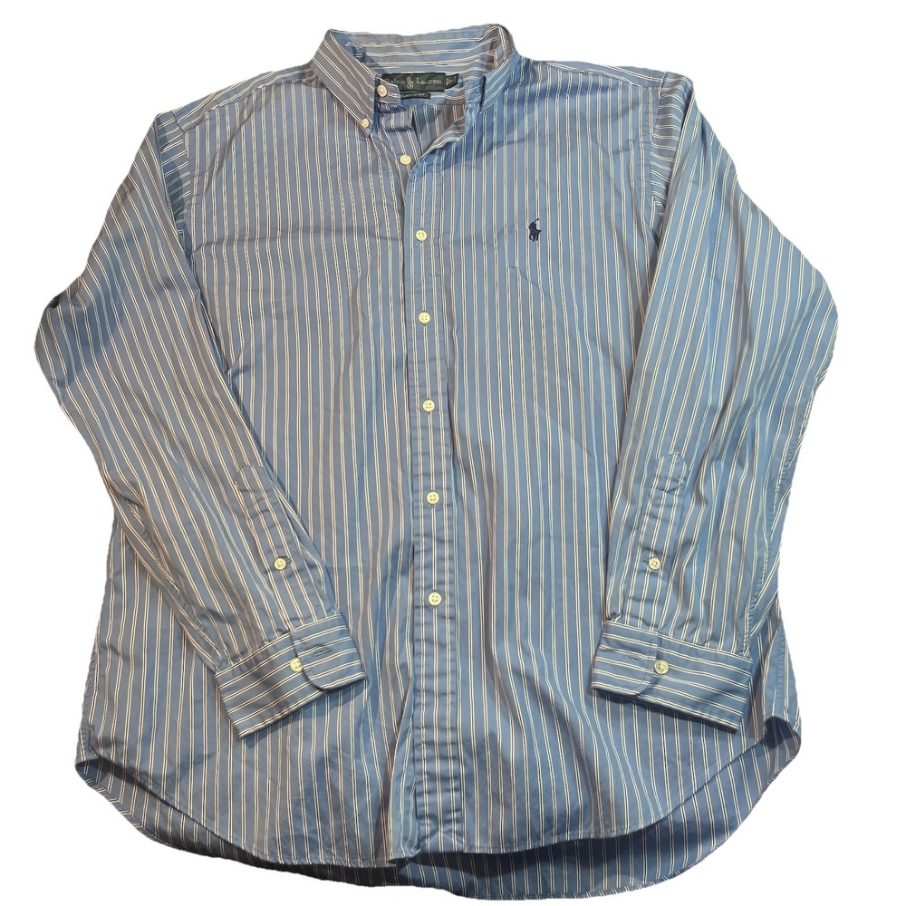 Ralph Lauren Shirt Mens 17 34/35 Blue Striped Classic Fit Button Up Long Sleeves